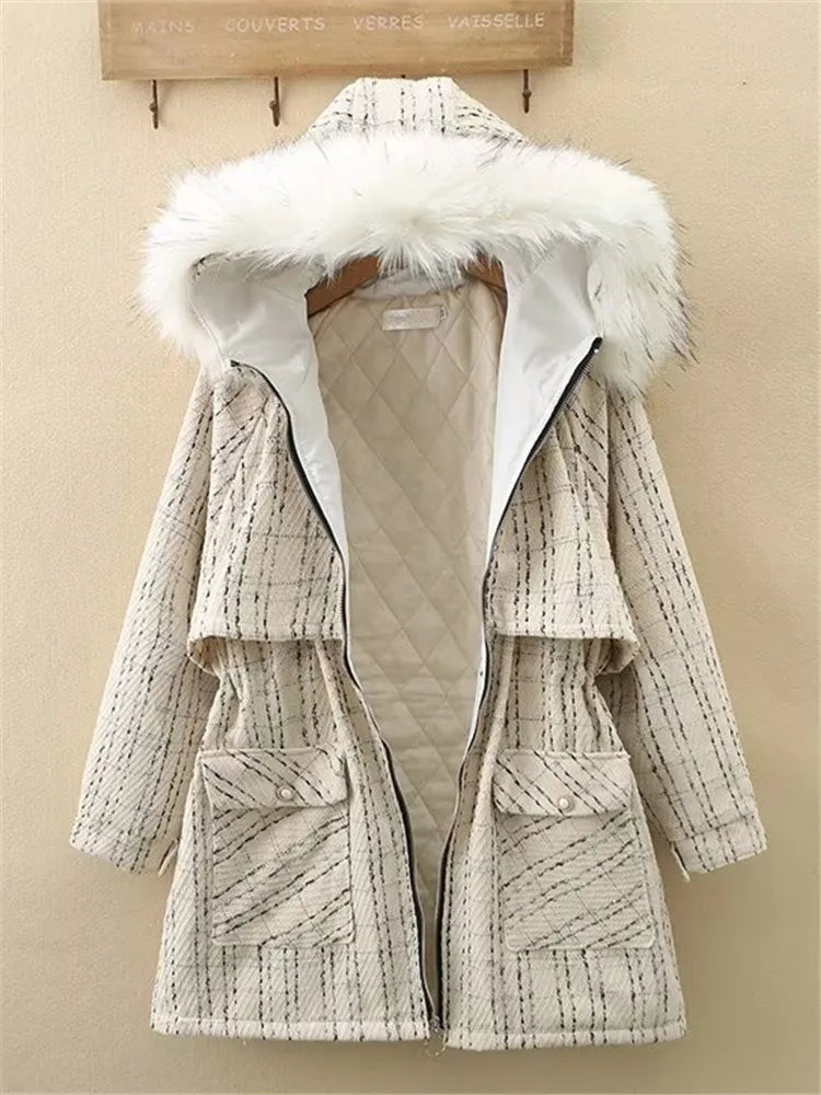 Plus Size Women's Clothing Quality Winter Jacket Detachable Fur Collar Hooded, Cotton And Thickened Windbreaker Tweed Fabric