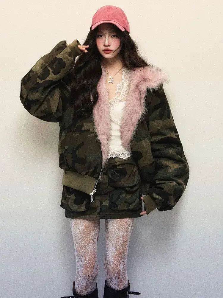 New Winter American Retro Pink Fur Hooded Workwear Thickened Short Jacket Skirt Two-piece Suit for Women