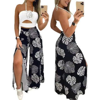 Women's 2pcs Clothing Set Halter Top Sleeveless Cami Tanks Slit Floral Leaves Printed Skirt Suit Summer