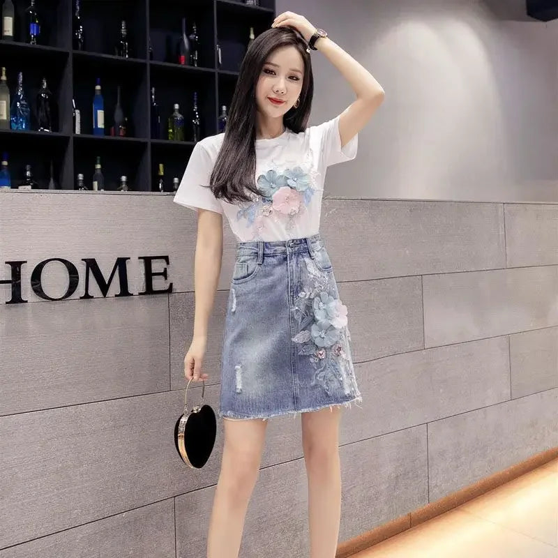 Kawaii Sequin Short Sleeve Skirt Woman Outfit Denim 2 Pieces Sets for Women Lightly Cooked Korea Luxury Designer Clothing Co Ord