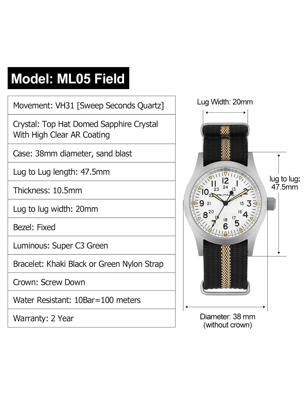 Militado ML05 38mm Men Watch VH31 Quartz Military Watches Domed Sapphire AR Coating 100m Waterproof Stainless Steel Wristwatch