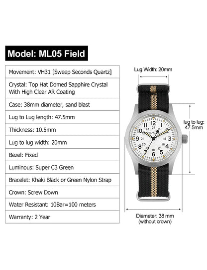 Militado ML05 38mm Men Watch VH31 Quartz Military Watches Domed Sapphire AR Coating 100m Waterproof Stainless Steel Wristwatch