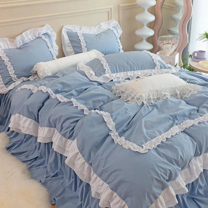 Korean Ins Bedding Set, Luxury Quilt Cover, Pillowcase Flat Bed Sheets, Simple Girl Princess Ruffle Home Textiles