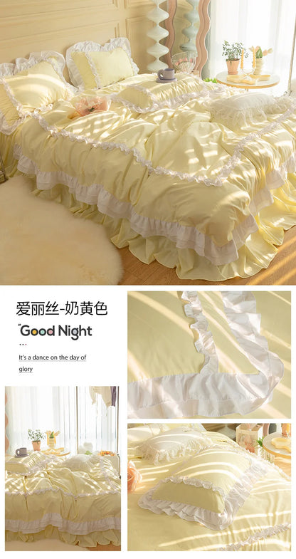 Korean Ins Bedding Set, Luxury Quilt Cover, Pillowcase Flat Bed Sheets, Simple Girl Princess Ruffle Home Textiles