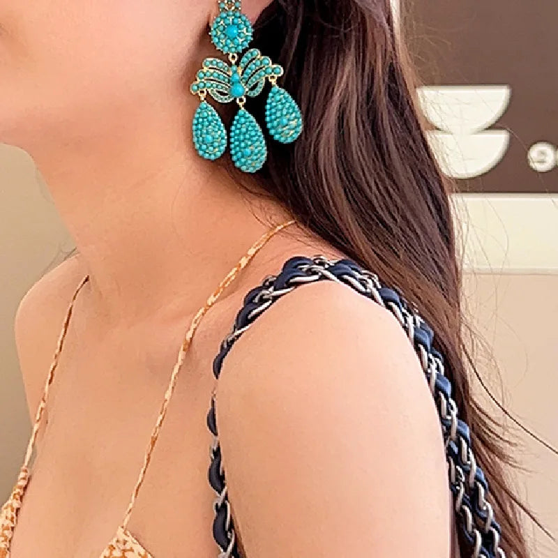 Draweye Turquoise Earrings for Women Vintage Tassels Hyperbole Elegant Jewelry Fashion Beach Style Aretes De Mujer