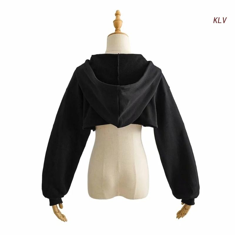 Womens Long Sleeve Cropped Hoodies Sweatshirt Aesthetic Punk Hip-Hop Dance Plain Sexy Rave Cutout Loose Super Crop Top