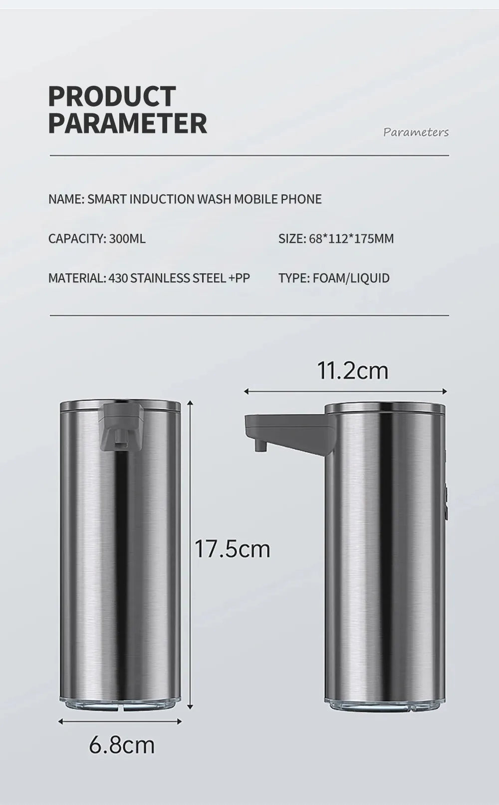 Intelligent automatic sensing stainless steel soap dispenser for washing mobile phones, contactless for home kitchen wall mounte