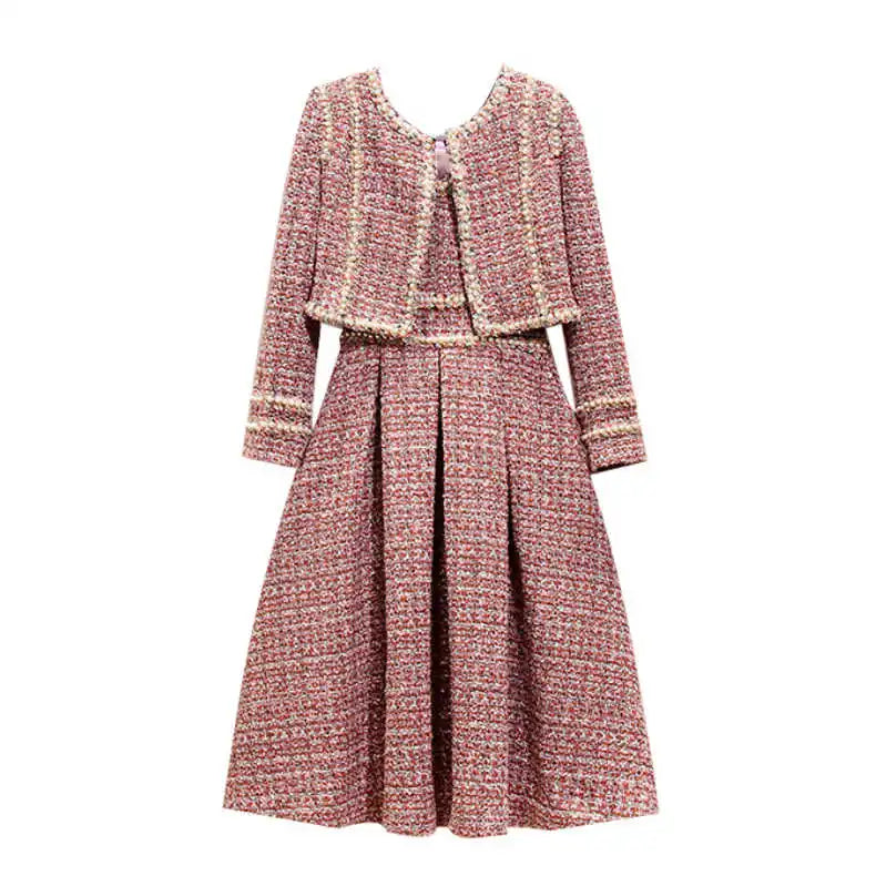 Women Elegant Tweed Luxury Suit Pearl Jacke Coat And Dress Two Piece Set Matching Outfit Winter Jacquard Pink Party Clothing