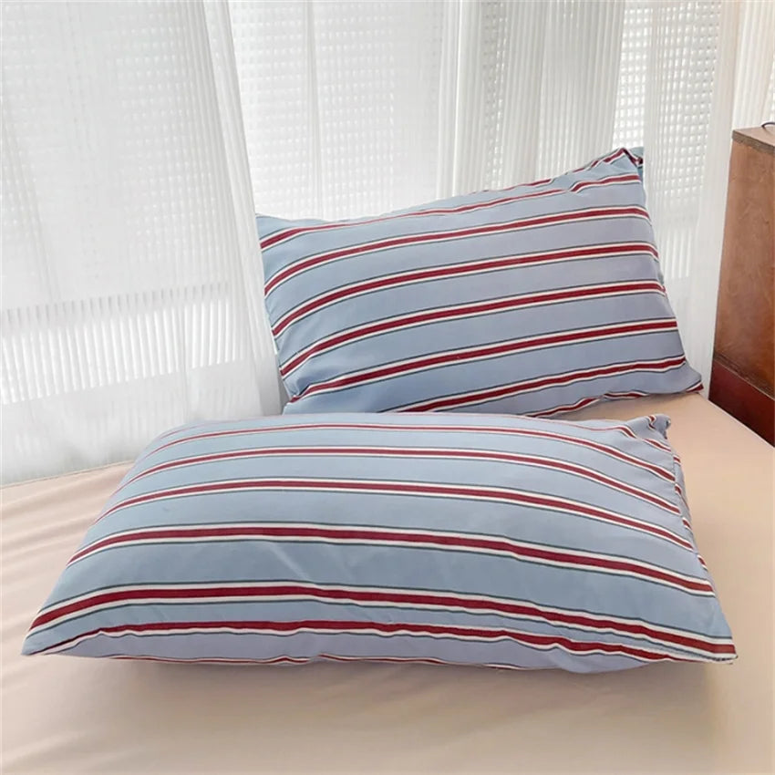 Pure Cotton Home Textile Blue Striped Bedding Set Simple Soft Duvet Cover Sheet Pillowcase Ins Style Bed Linens Queen King Size