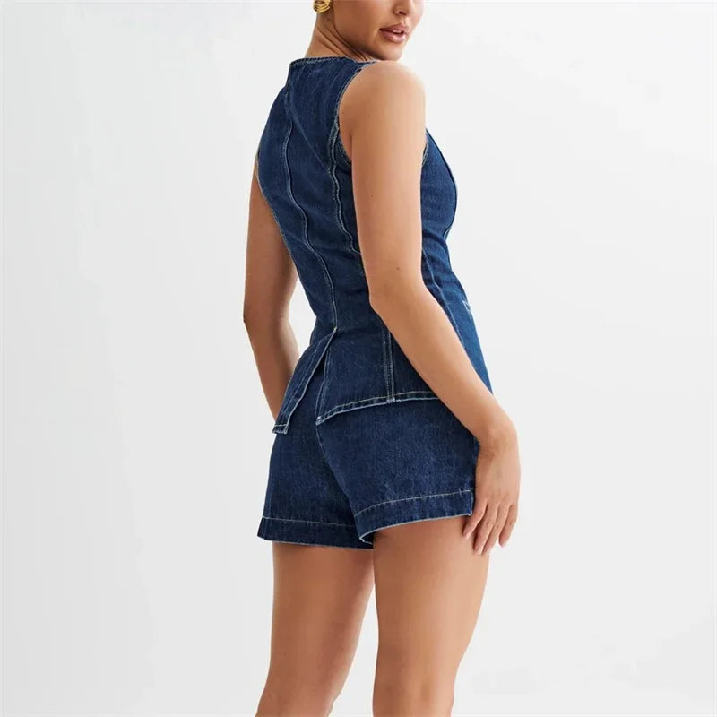 2024 Vintage Casual Denim Suits Back Split Women Sleeveless Button Splicing Slim Jacket Female Two Piece Sets High Waist Shorts