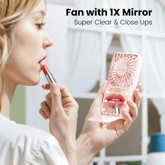 Handheld Mini Fan, 3 Speed Portable Lash Fan Makeup Mirror with LED Light, 2000mAh USB Rechargeable Personal Desk Fan with Stand