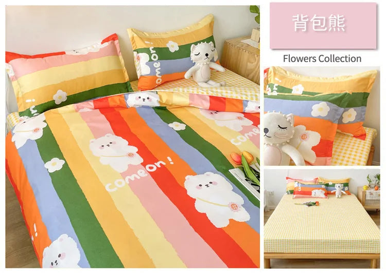 Cute Sanrio Hello Kitty Bedding Set Cotton Four Piece Bedding Double Pillowcase Bed Linens Girl Dorm Bedclothes Home Textile