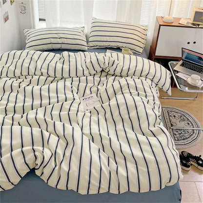 Pure Cotton Home Textile Blue Striped Bedding Set Simple Soft Duvet Cover Sheet Pillowcase Ins Style Bed Linens Queen King Size