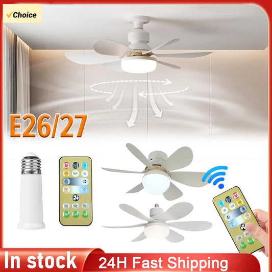 E26/27 Socket Silent Ceiling Fan Home Living Room Hanging Fan for Bedroom Ceiling Fan With Lighting Lamp With Remote Control