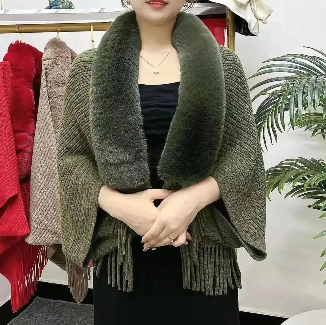 Ladies Knitted Loose Thickened Shawl Autumn Imitation Rabbit Fur Collar Sweater Winter Cardigan Knitted Wool Shawl Sweater Tops