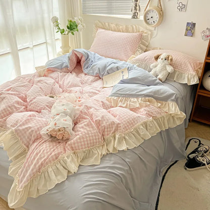 Ruffled Pink Blue Duvet Cover Set Twin Queen Washed Microfiber Ultra Soft Bedding set Grid Duvet Cover Bed Sheet 2 Pillowcases