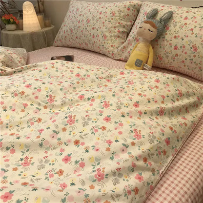 Ins Pink Flowers Bedding Set Fashion Flat Sheet Duvet Cover No Filling Pillowcase Twin Full Queen Nordic Boy Girl Bed Linen