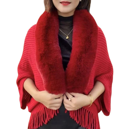 Ladies Knitted Loose Thickened Shawl Autumn Imitation Rabbit Fur Collar Sweater Winter Cardigan Knitted Wool Shawl Sweater Tops