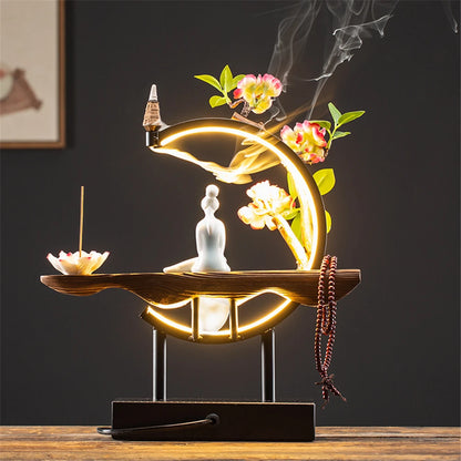 Ceramic Maid Wood Backflow Incense Burner with 20 cone USB Led Light Circle Lotus Buddha Beads Home Office Decoration Furnishing