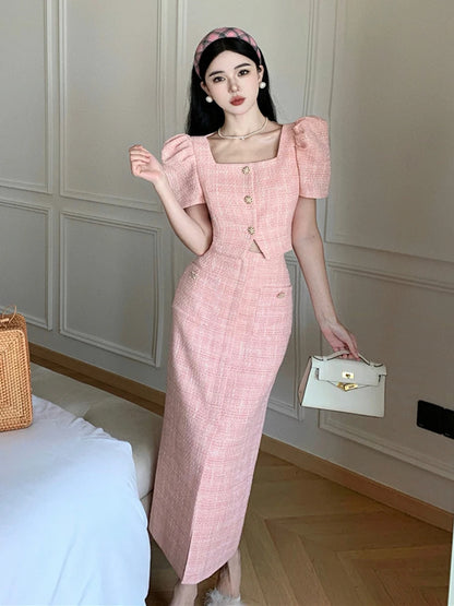 Chic Fashion French Summer Tweed Two Piece Set Women Square Collar Pink Short Blazer Coat + High Waist Bodycon Midi Skirts Suit