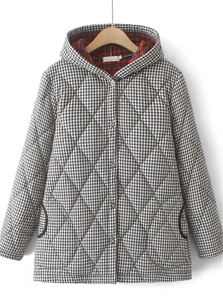 Plus Size Women's Clothing Winter Coat Thick Warm Cotton Jacket With Small Plaid Pattern Single Breasted Hooded Cotton Coat