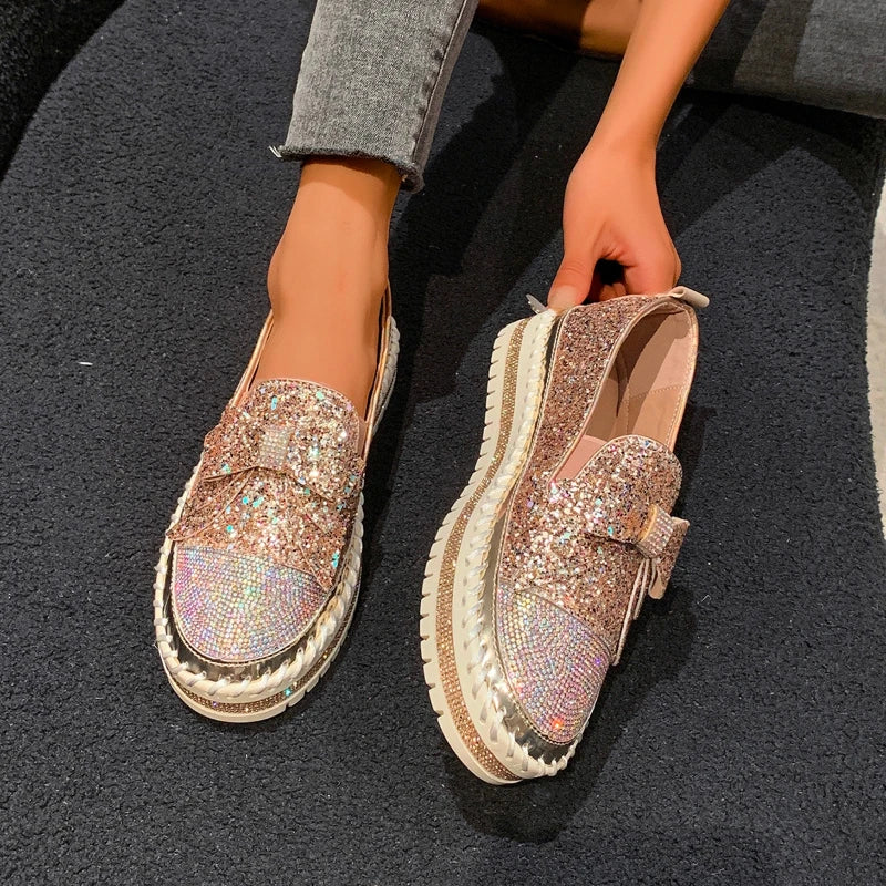 Fashion Women Shoes Shining Rhinestone Loafer Bowknot Slip-on Thick Botton Casual Ladies Crystal Female Platform Sneakers Sports