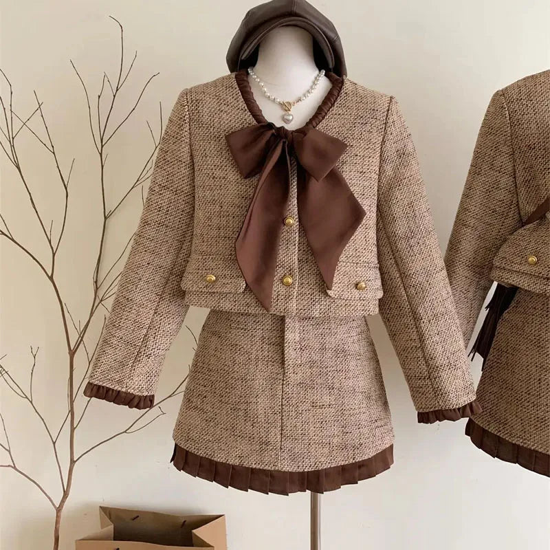 2023 autumn winter Vintage Tweed Two Piece Set Women Short Jacket Coat + Skirt Suits Korean 2 Piece Sets Women Outfit clothing