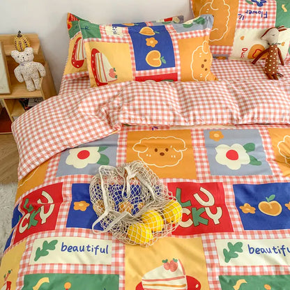 Orange Bedding Set Girls Boys Bed Linen Sheet Plaid Duvet Cover No Filling 240x220 Single Double Queen King Bedclothes