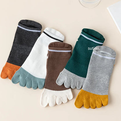 5 Pairs Man Toe Boat Socks Summer Cotton Mesh Breathable Sweat-Absorbing Patchwork Striped Elastic Ankle 5 Finger Sport Socks