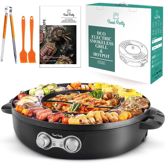 DUO Electric Smokeless Grill and Hot Pot, With Separable Cooking Plate, Deluxe Combo of 1 Recipe Book