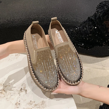 2025 New High Quality Women's Water Diamond Casual Shoes Shiny Flat Vulcanized Shoes Luxury Designer Thick Bottom Casual Shoes