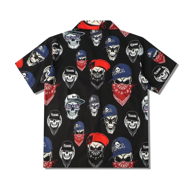 Stylish Flame Skull Printed Hawaiian Shirt Men 2024 Summer New Short Sleeve Beach Shirts Mens Holiday Party Oversized Clothing