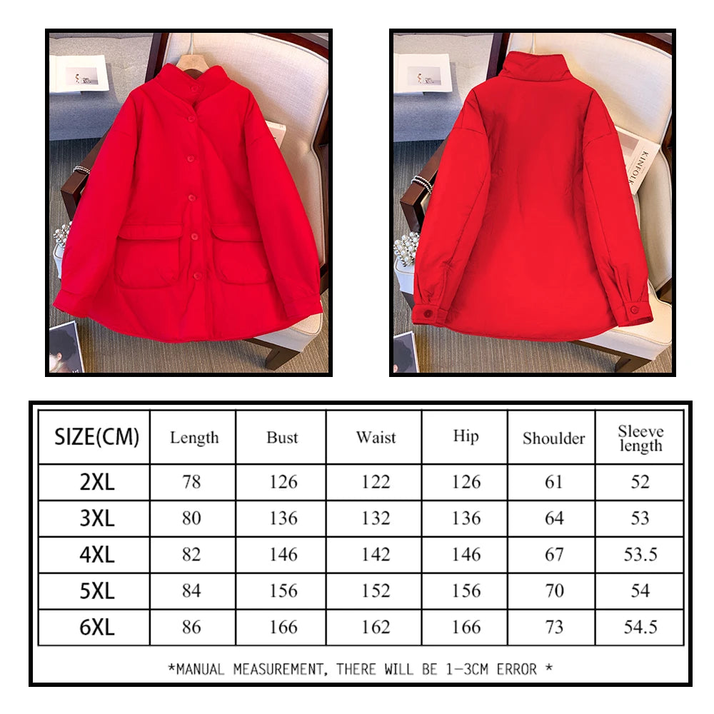 Plus size women's winter casual padded coat loose comfortable warm red coat 2024 new women's clothing large size top 2XL-6XL