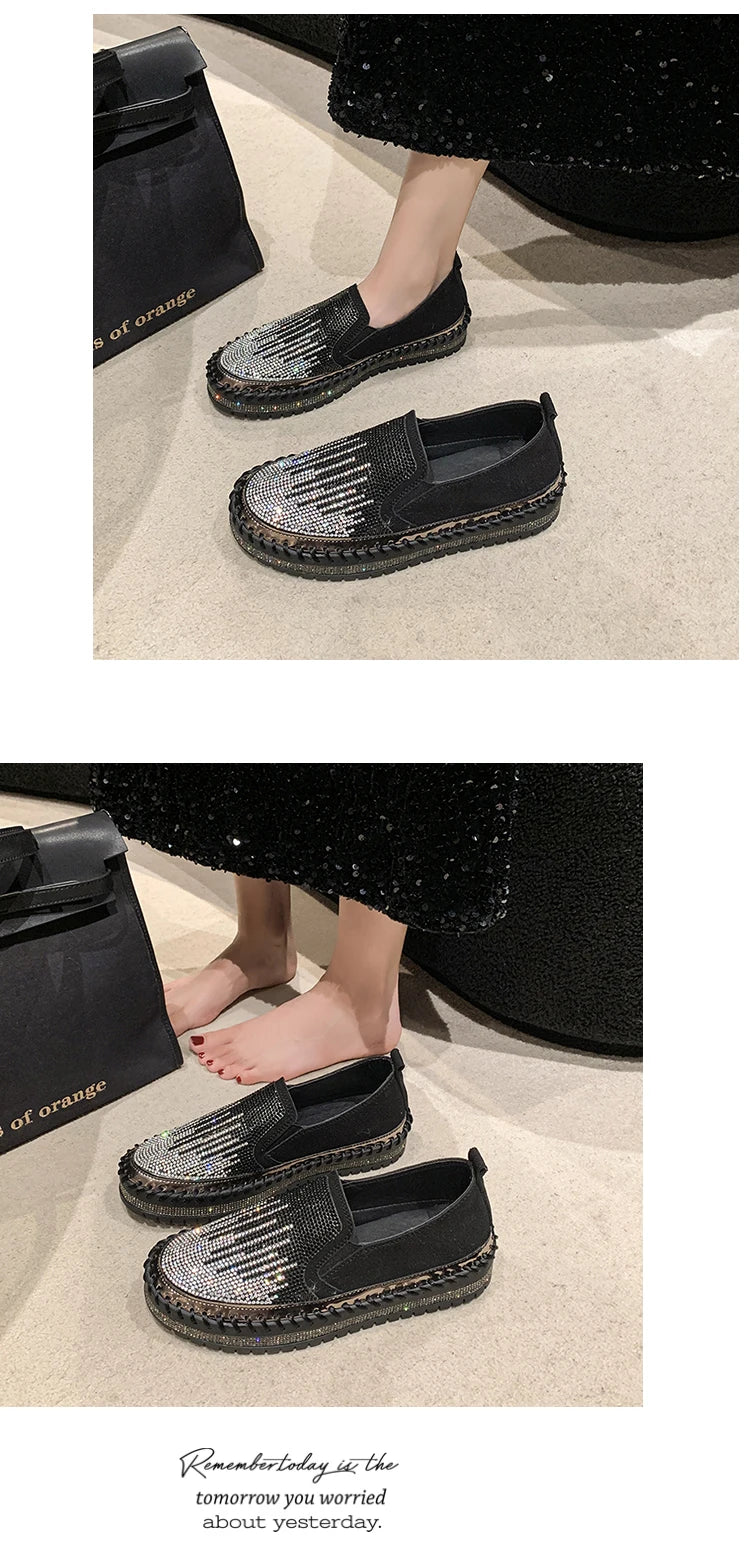 2025 New High Quality Women's Water Diamond Casual Shoes Shiny Flat Vulcanized Shoes Luxury Designer Thick Bottom Casual Shoes