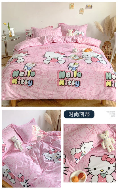 Cute Sanrio Hello Kitty Bedding Set Cotton Four Piece Bedding Double Pillowcase Bed Linens Girl Dorm Bedclothes Home Textile