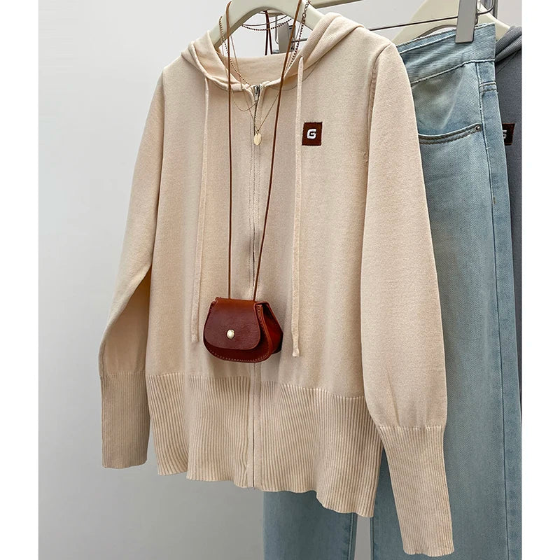 Plus Size Women's Clothing 2024 Autumn New Casual Knitwear Top, Loose Cardigan for Chubby Girls, Hooded Sweater Jacket Coat