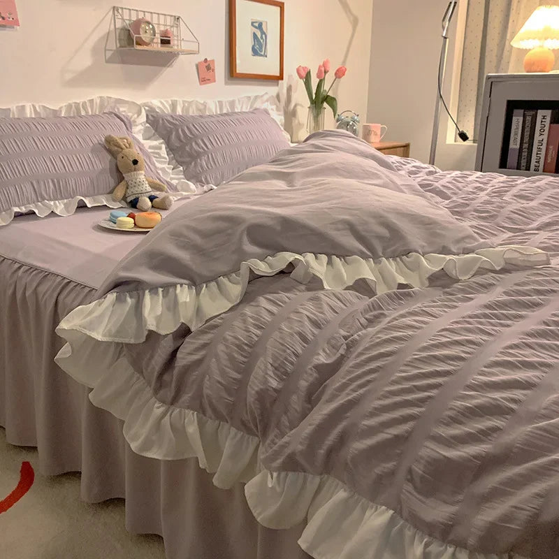 Pink Ruffled Seersucker Duvet Cover Set 3/4pcs Soft Lightweight Down Alternative Grey Bedding Set with Bed Skirt and Pillowcases