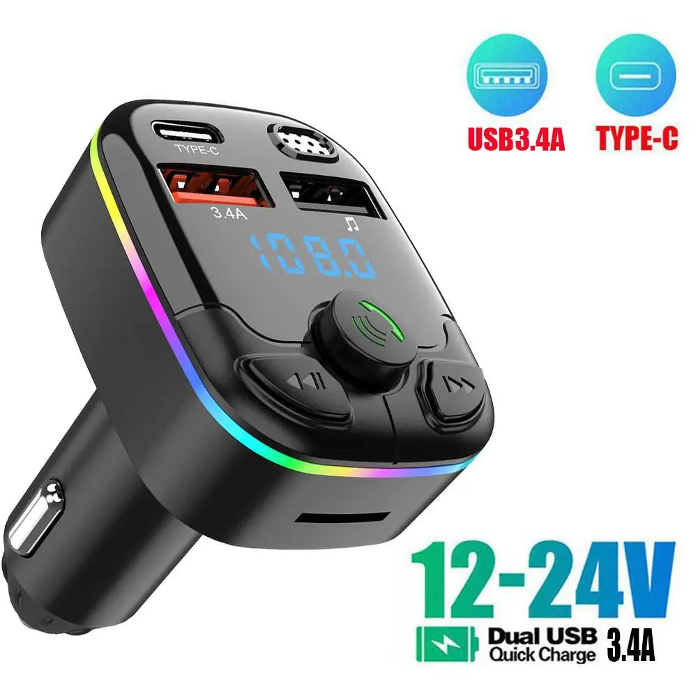 Bluetooth 5.0 Car FM Transmitter PD Type-C Dual USB Charger With Ambient Light Wireless Handsfree MP3 Player QC3.0 Type-C PD 18W