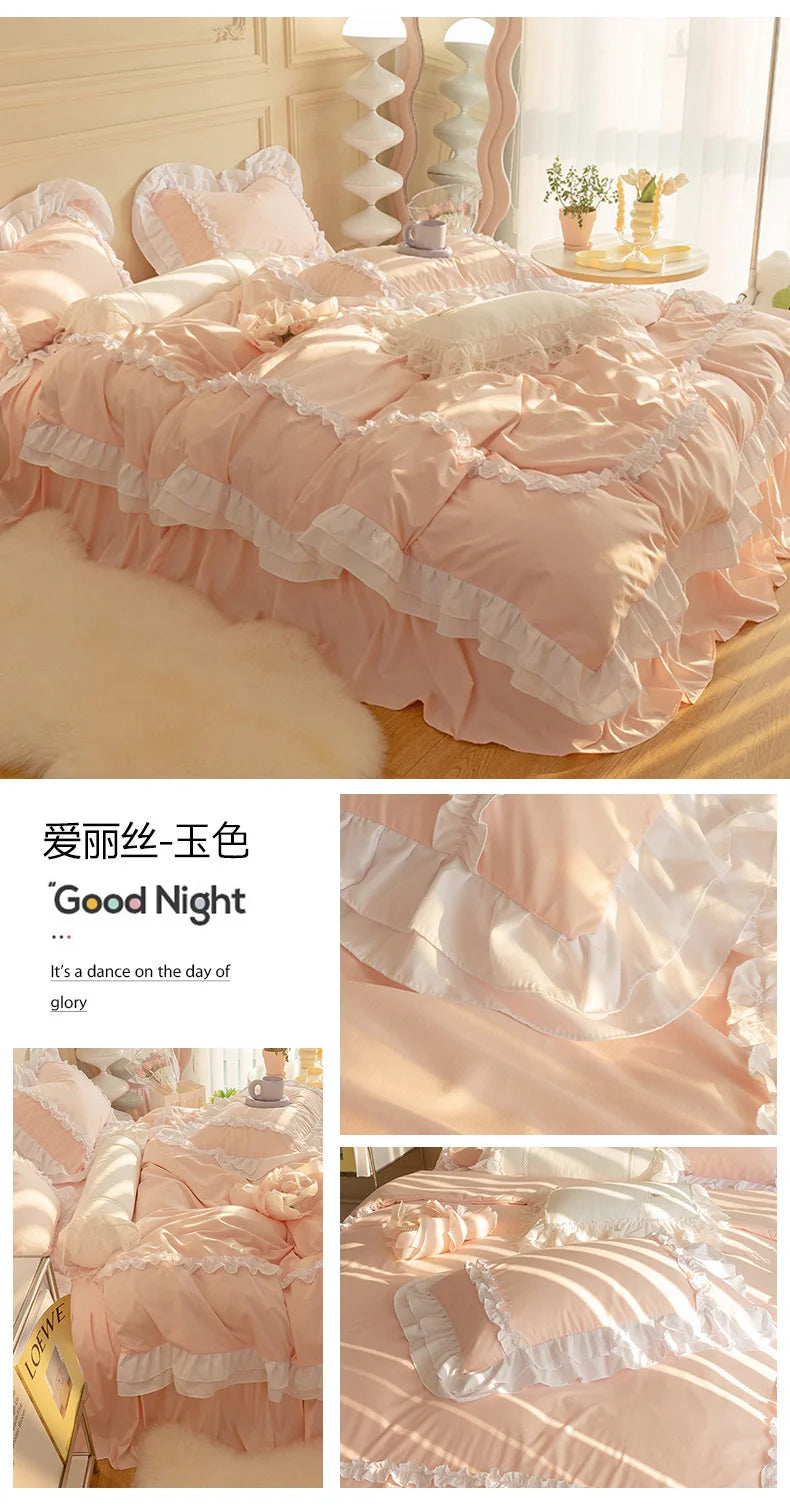 Korean Ins Bedding Set, Luxury Quilt Cover, Pillowcase Flat Bed Sheets, Simple Girl Princess Ruffle Home Textiles