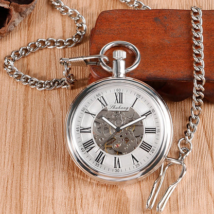 SHUHANG New Mechanic Watch 2017 Men Automatic Self Winding Pocket Watch Silver Simple Open Face Chain Pendant with Roman Number