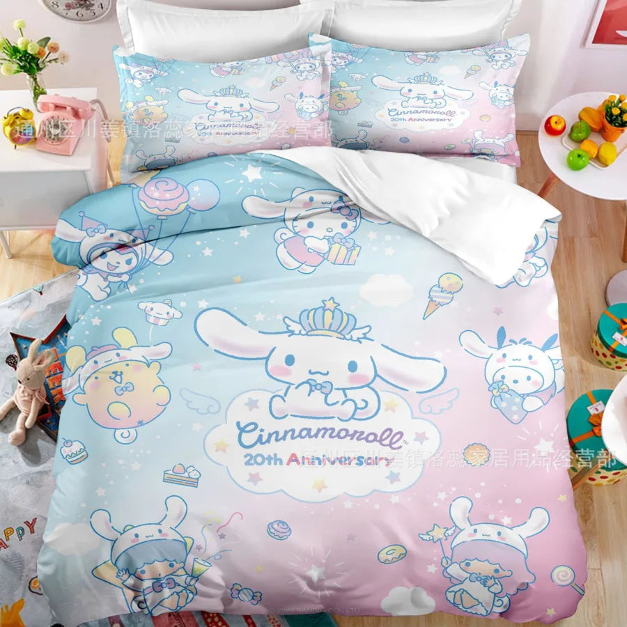 Cartoon Sanrio Duvet Cover Set Kawaii Cinnamoroll Quilt Cover Pillowcase Set Kids Girls Comfortable Bed Set Full Twin King Size