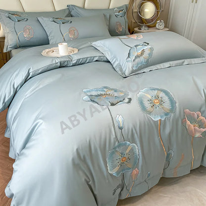 Egyptian Cotton Bedding Set Luxury Embroidery Double Duvet Cover Pure Cotton Flat or Fitted Bed Sheets and Pillowcases Bed Set