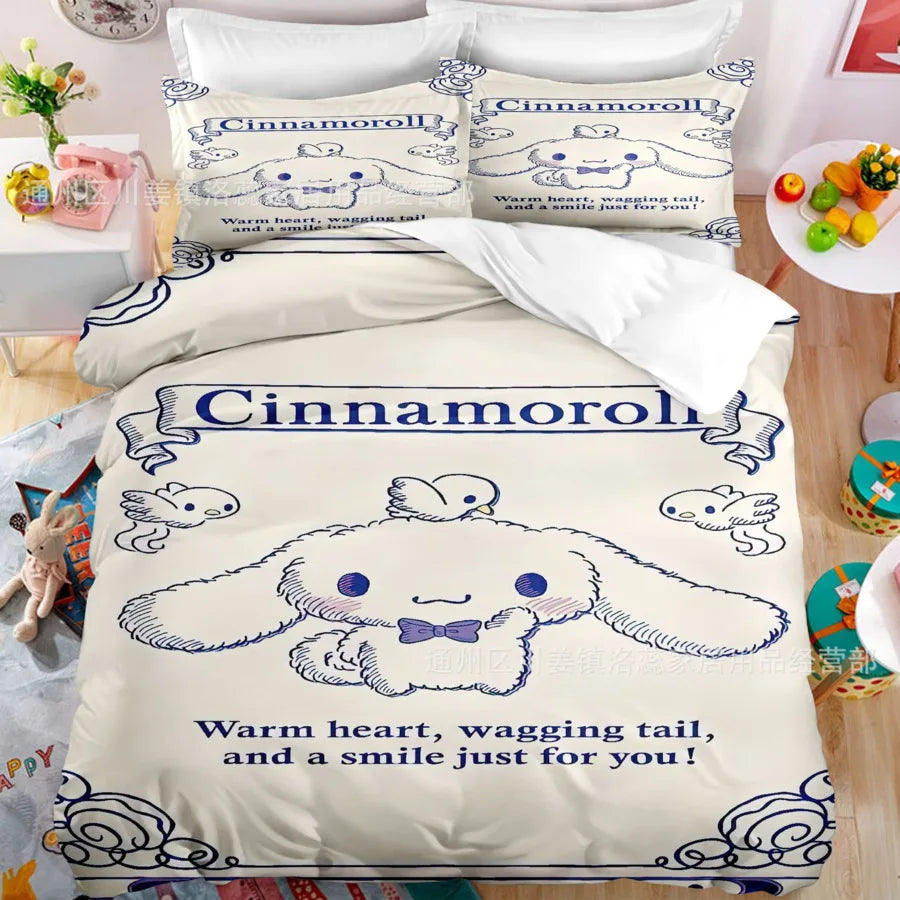 Cartoon Sanrio Duvet Cover Set Kawaii Cinnamoroll Quilt Cover Pillowcase Set Kids Girls Comfortable Bed Set Full Twin King Size