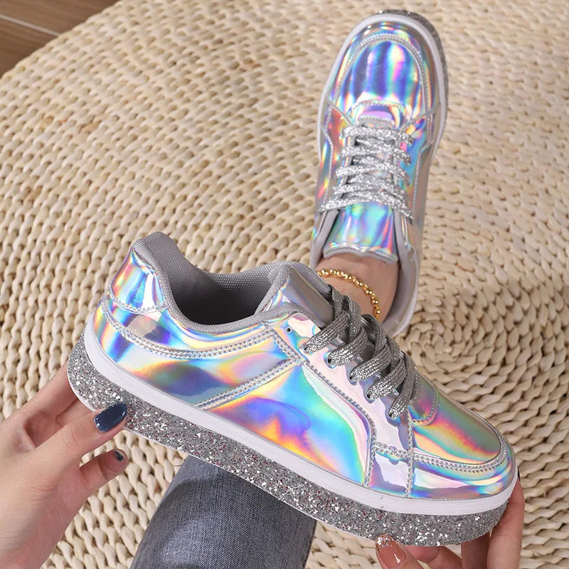 Women's Platform Sneakers Punk Sequin Laser Leather Casual Shoes City Walk Thick Sole Sports Shoes Spangle Nightclub Party Shoes