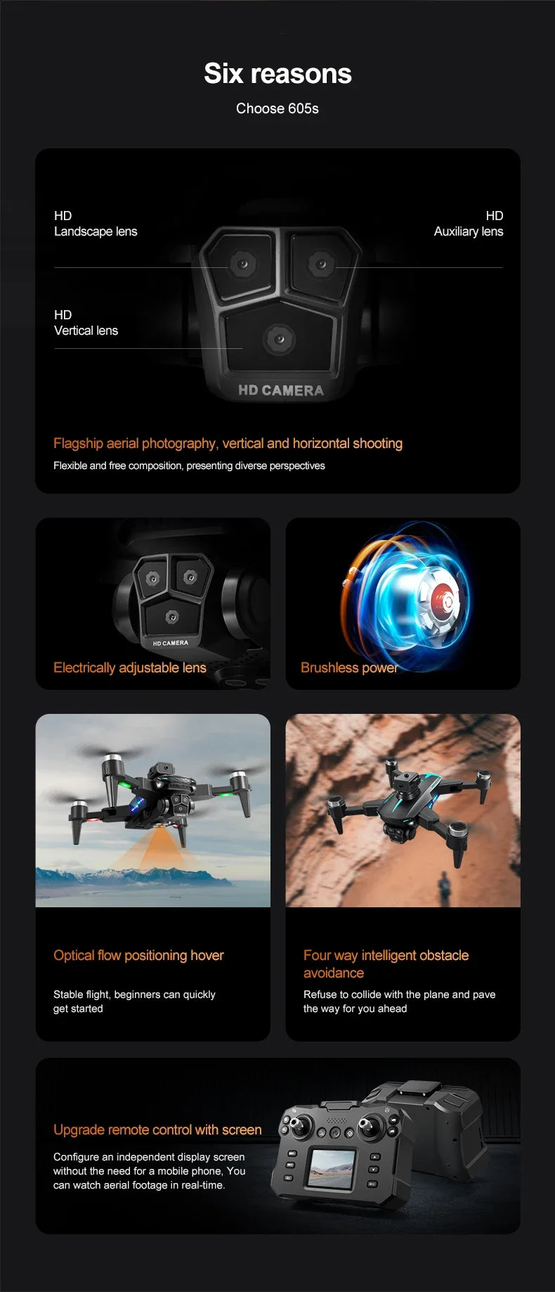 2024 New KY605S Screen Control Drone With Display Screen Obstacle AvoidanceThree Camera HD Aerial Photography Dron Toys Gift