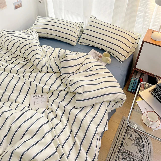 Pure Cotton Home Textile Blue Striped Bedding Set Simple Soft Duvet Cover Sheet Pillowcase Ins Style Bed Linens Queen King Size