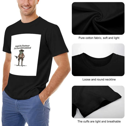 Hold On Partner I'm Overstimulated Western Frog Cowboy T-Shirt street wear outfits for men