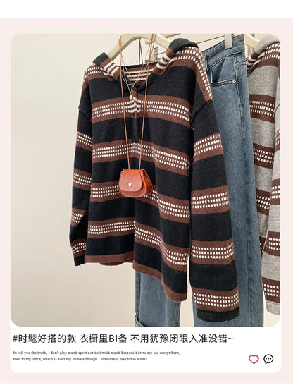 Plus Size Women's Clothing 2024 Autumn and Winter New Fashion Lazy Knit Sweater Chubby Girl Striped Hooded Sweater Jacket Coat