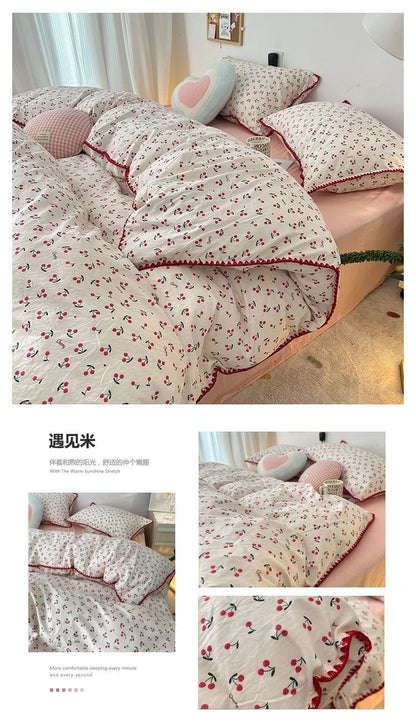 Bedding Set INS Girls Cherry  Soft Washed Cotton Bed Sheet Queen King Size Duvet Set  Comforter Set Pillowcase Bed Linens