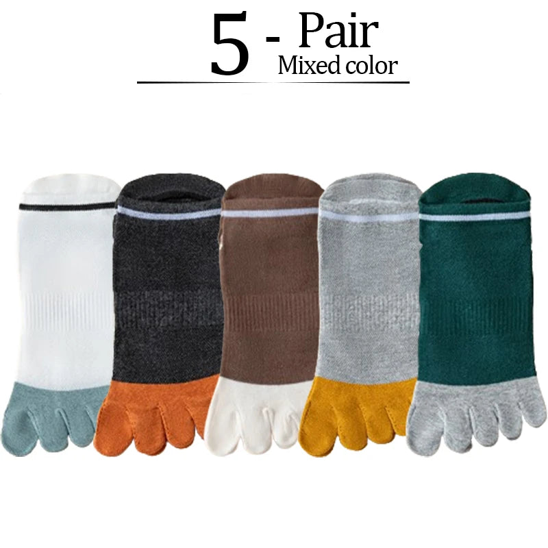 5 Pairs Man Toe Boat Socks Summer Cotton Mesh Breathable Sweat-Absorbing Patchwork Striped Elastic Ankle 5 Finger Sport Socks